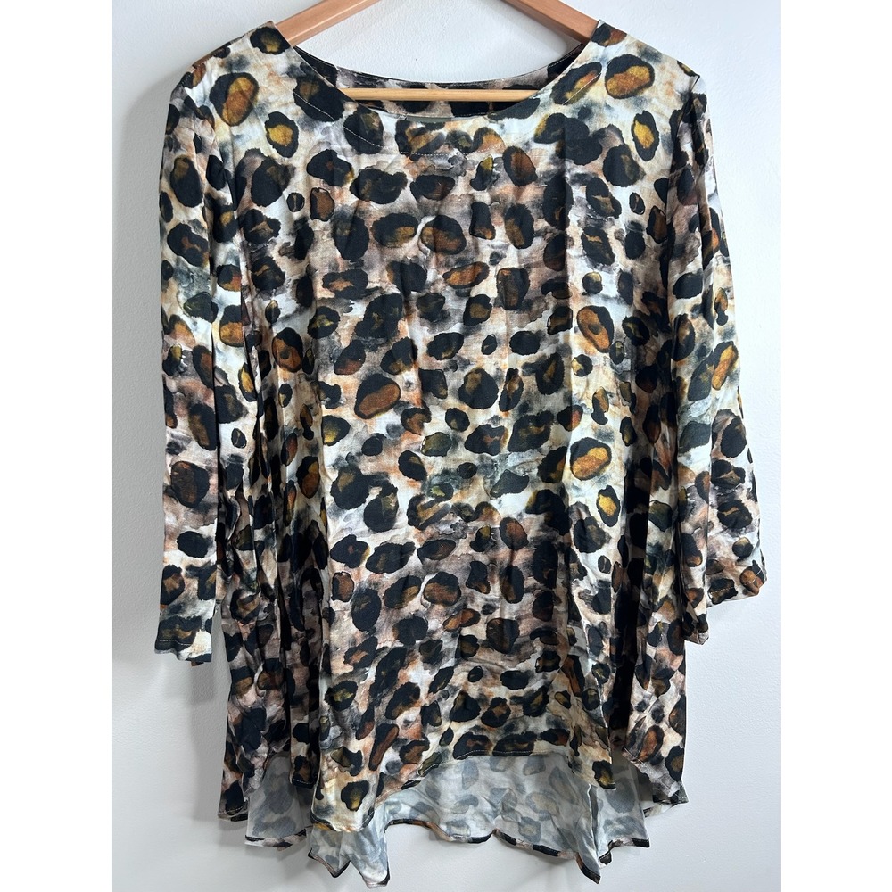 Niche Nilgun Derman Leopard Tunic Top XL Brown Black‎ 3/4 Sleeve Lagenlook Boho